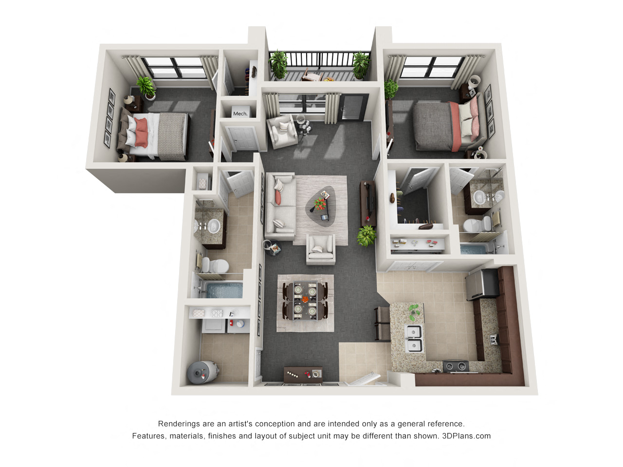 Floor plan for 2 beds, 2 baths, 1017 sqft